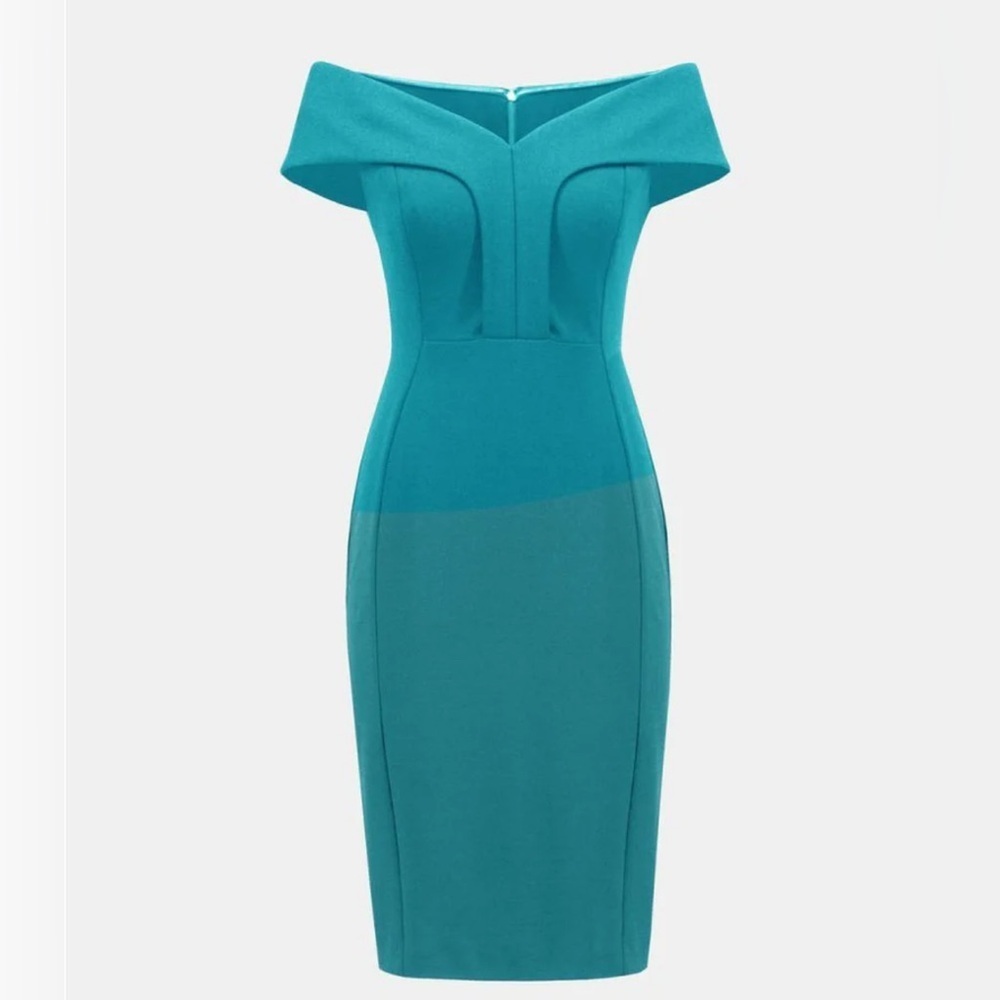 Joseph Ribkoff off shoulder midi dress 6 ocean blue teal new NWT  wedding guest